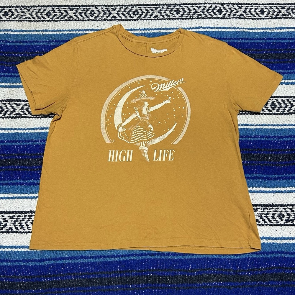 Miller High Life T Shirt Womens Medium Mustard Cowgirl Moon Graphic Tee Beer